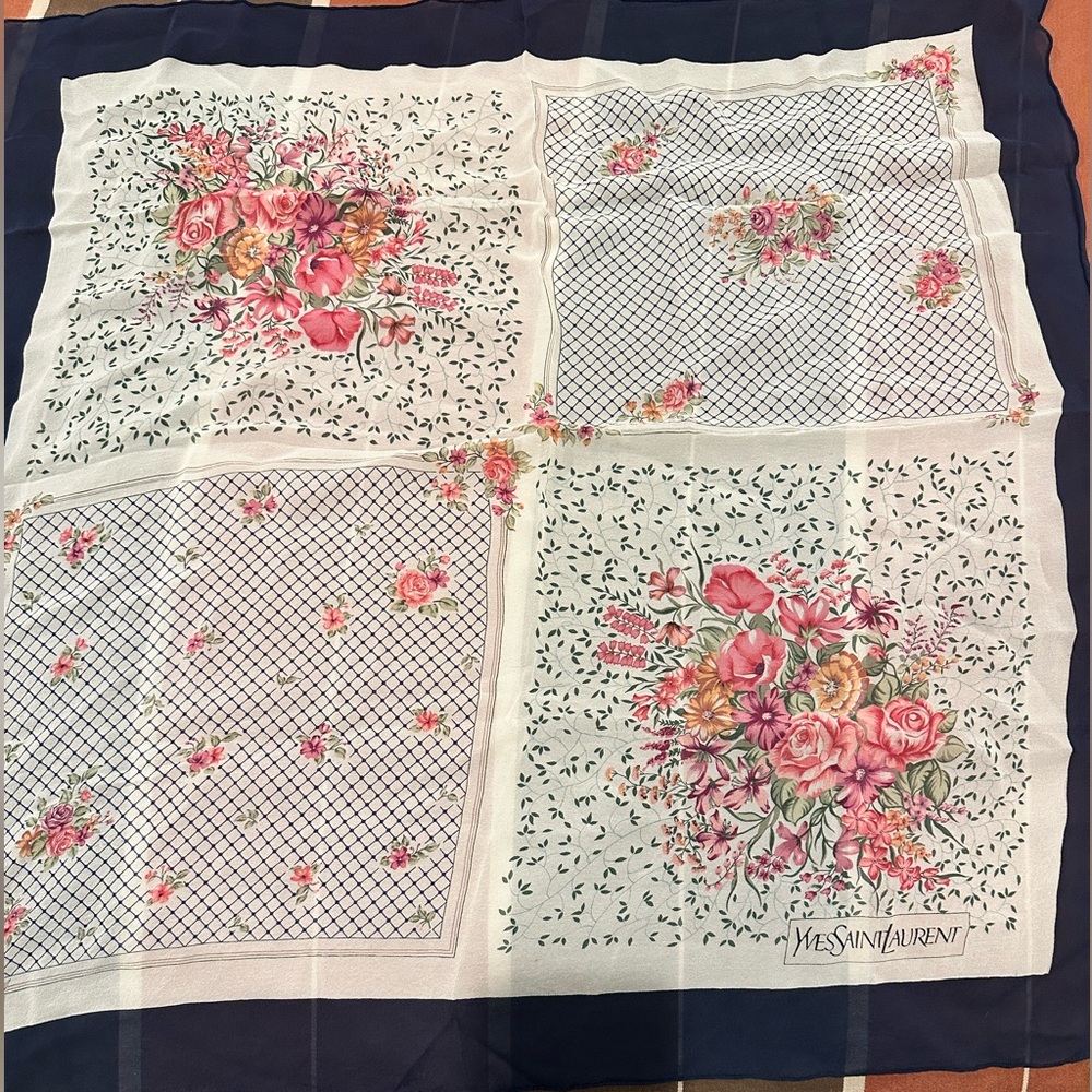 Yves Saint Laurent Navy, Pink and Cream Floral Patchwork Scarf